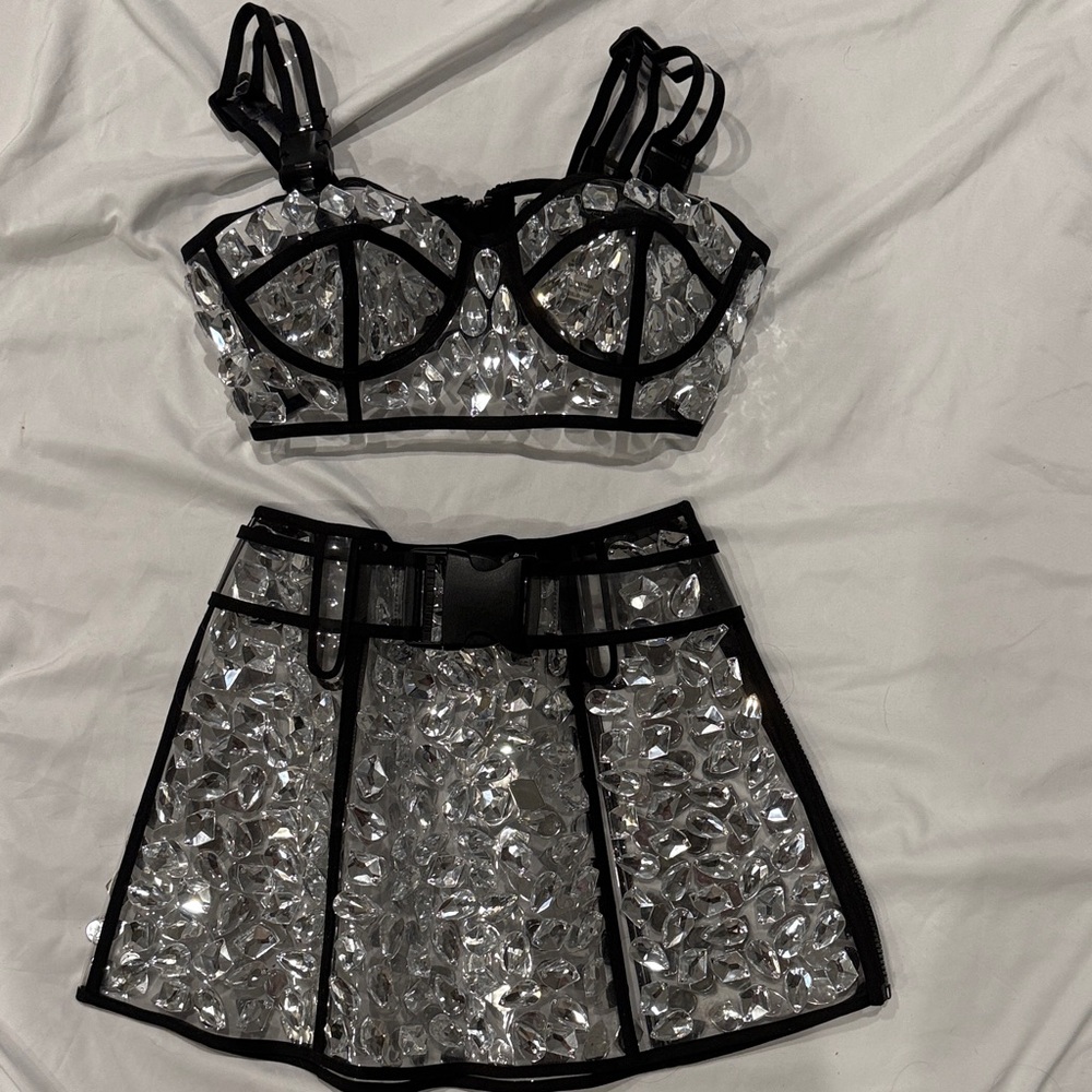Dolls Kill Crystal Embellished Black Trim Bustier & Mini Skirt Set